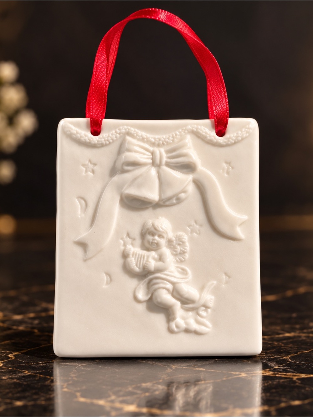White Ceramic Angel gift box Hanging Ornamen with Red Ribbon